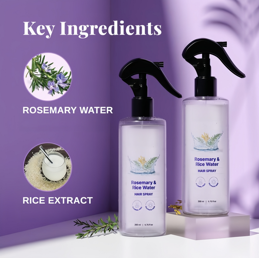 Rosemary and Rice Water Hair Spray — Natural formula for soft, nourished hair.