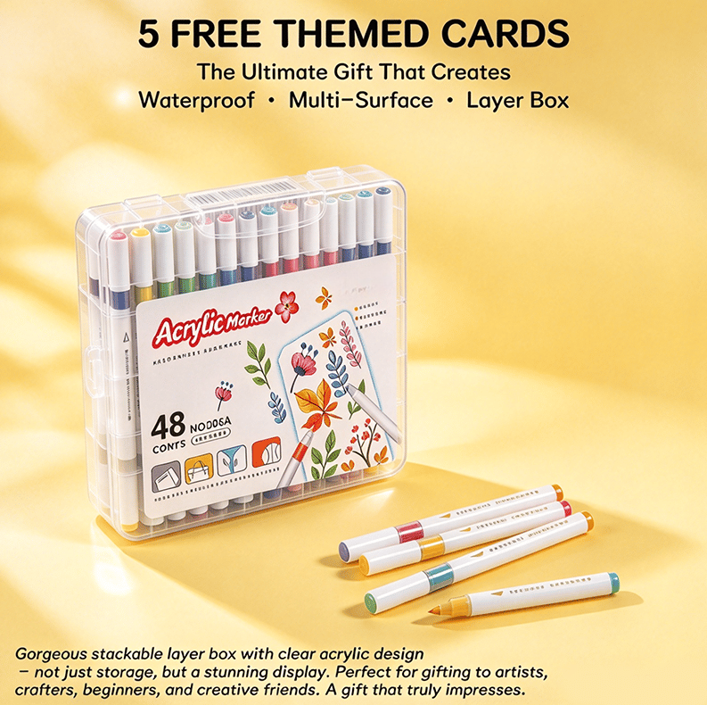 Acrylic Marker Set with Brush Tips (24/36/48/60 Colors) – Includes Portable, Stackable Storage Case