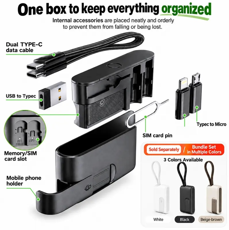 🔌 Pocket Travel Cable Kit – USB-C Cable, 3 Adapters, SIM/TF Storage & Phone Stand