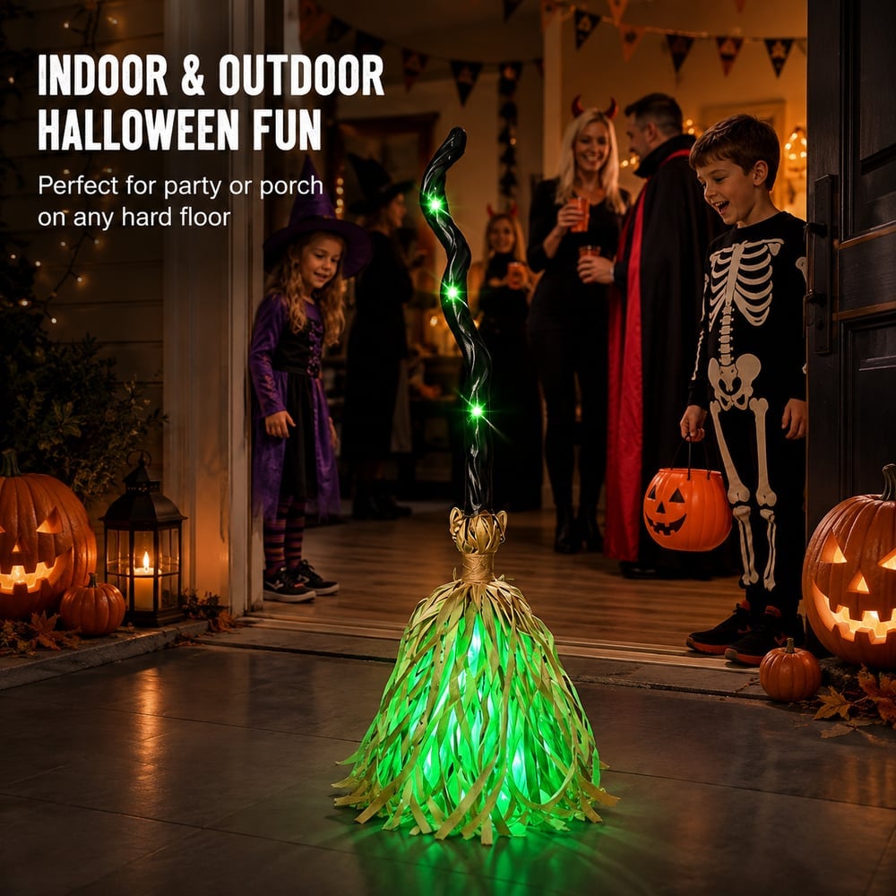 Animated Halloween Witch Broom with Lights, Sound and Motion Decor