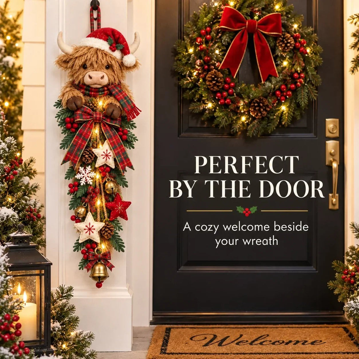 🎄🐮 Lighted Highland Cow Christmas Door Swag – A Cozy Holiday Welcome