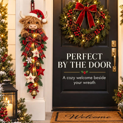 🎄🐮 Lighted Highland Cow Christmas Door Swag – A Cozy Holiday Welcome