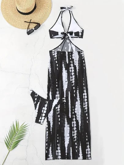 ✨ Striped Two-Piece Swimsuit – Bow Neck, Ring Detail, High Stretch 🌊