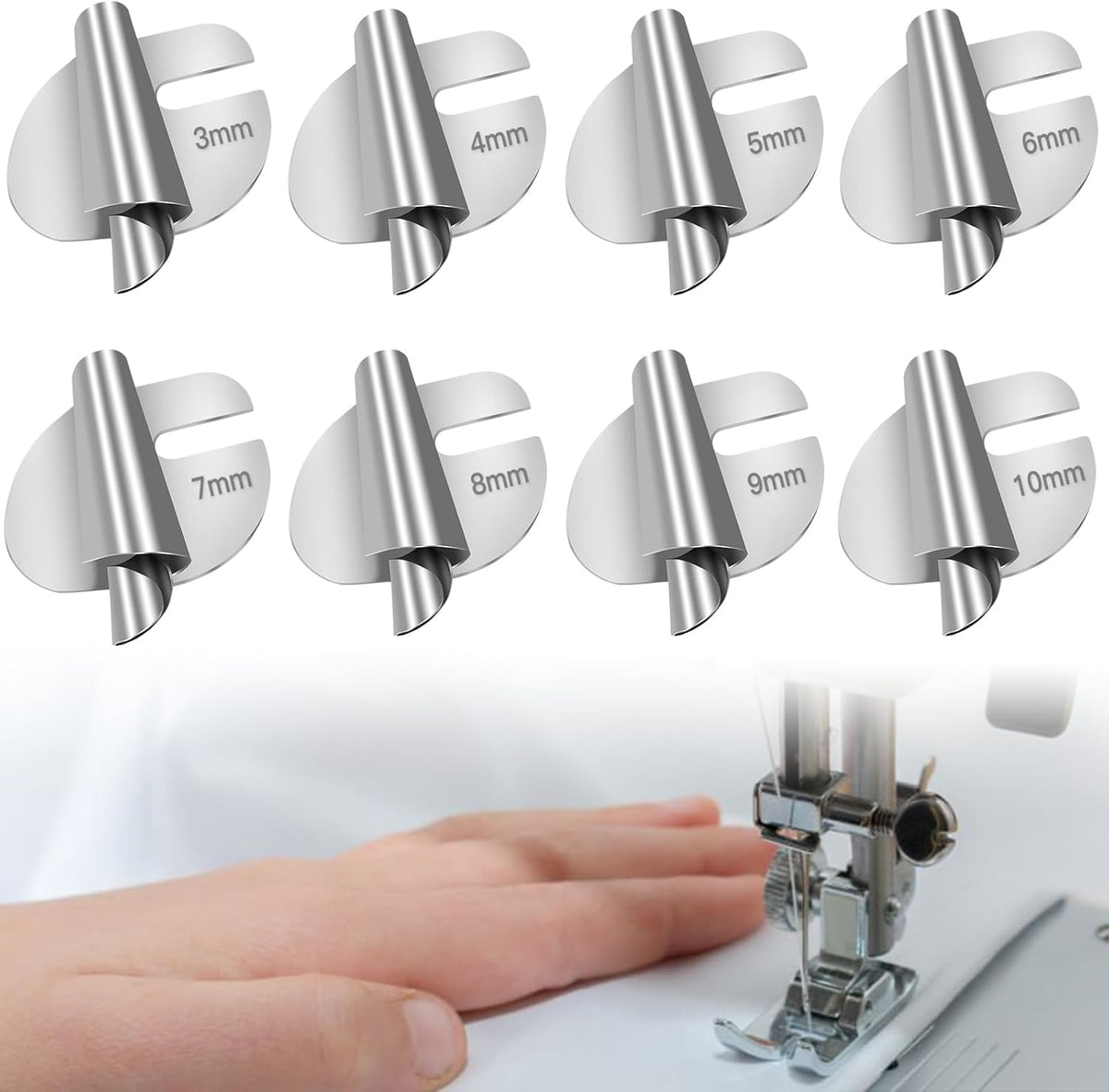🧵8 PCS Stainless Steel Rolled Hemmer Foot Set | 3mm-10mm Sewing Hemming Guide