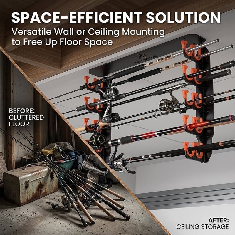 Soporte para cañas de pescar montado en pared y techo – Almacenamiento que ahorra espacio para cañas y combos 🎣🔩