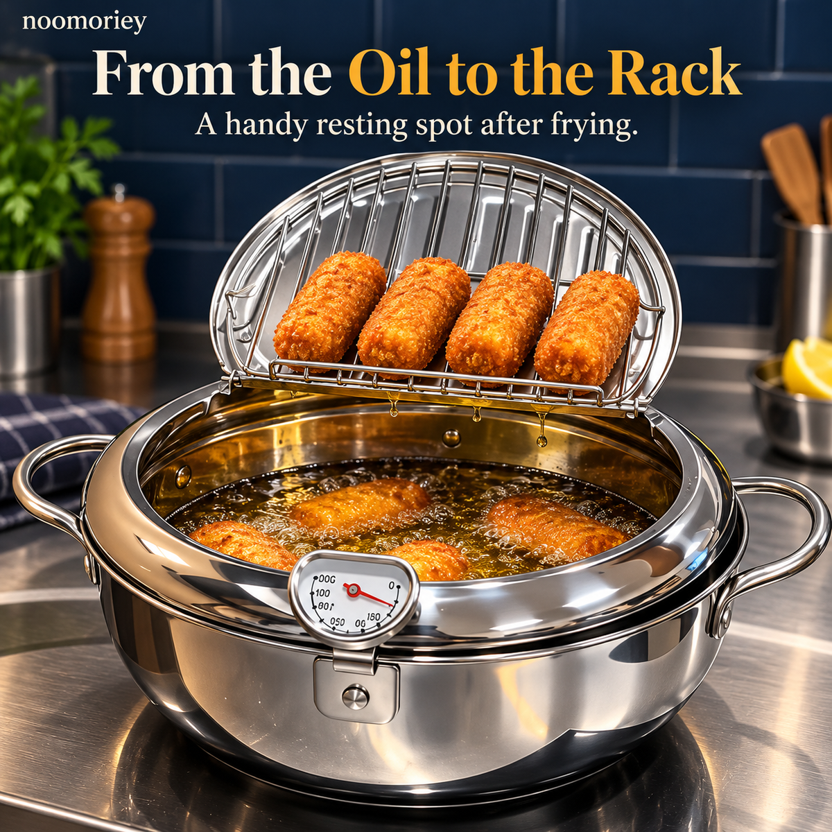 🍗 Deep Frying Pot with Thermometer & Lid Draining Rack – Dual-Handle Frying, Stir-Frying & Boiling Pot