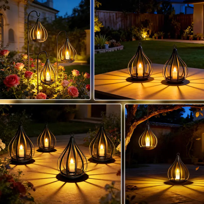 Solar Garden Lights Outdoor Metal Solar Water Drop Shape Candle Lantern