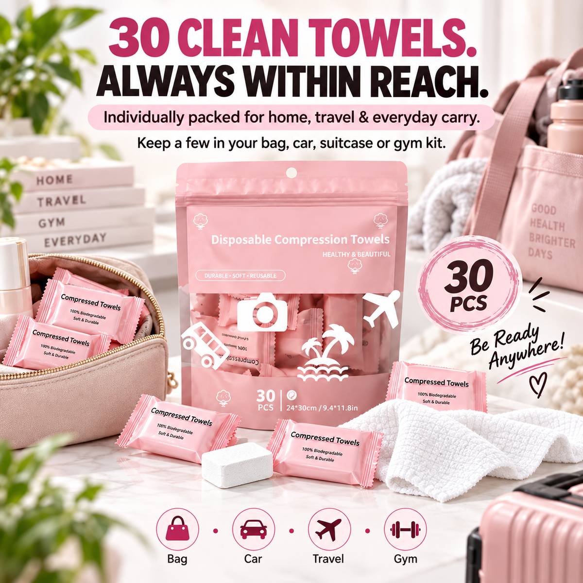 30-Pack Disposable Compressed Towels – Soft, Absorbent & Travel-Friendly