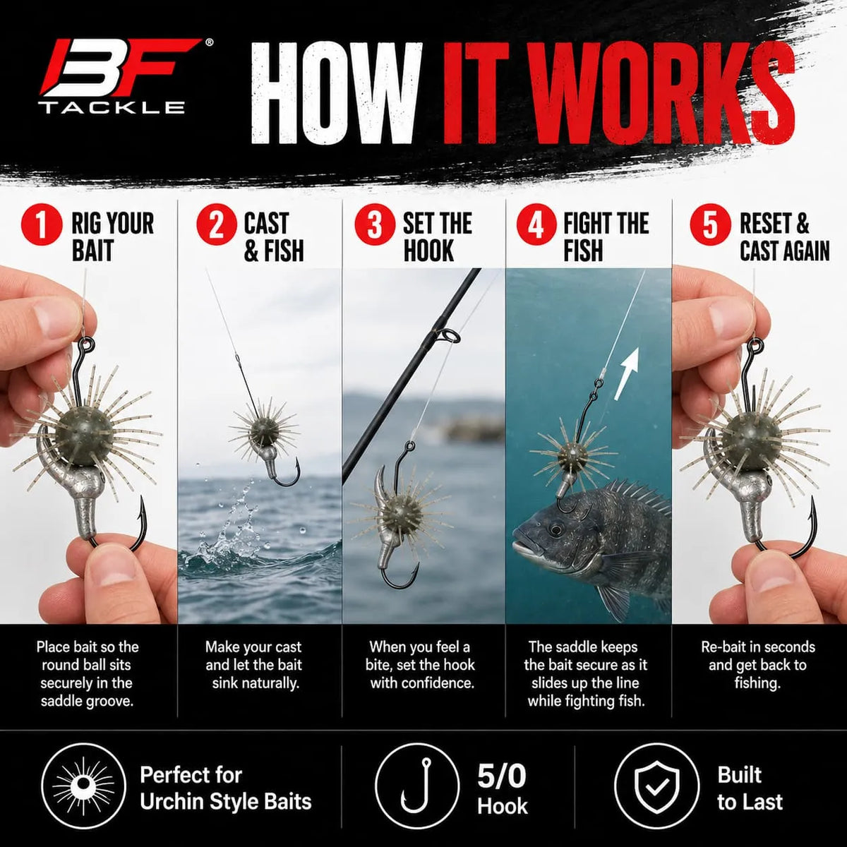 Urchin Saddle Fishing Rig – 4 Pack 🎣 Bait-Saving 5/0 Hook System with Adjustable Sink Rate