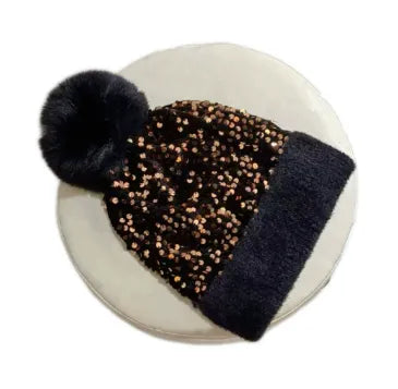 Sequin Fur Pom Beanie