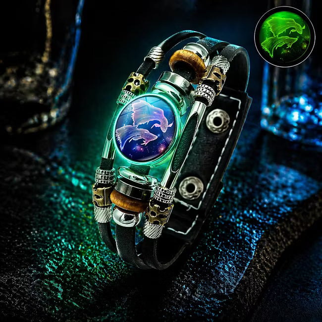 💥Limited-time 50% off ☪️Glow-in-the-dark leather zodiac sign bracelet for men and women (6.9/8.1 inches)♑️