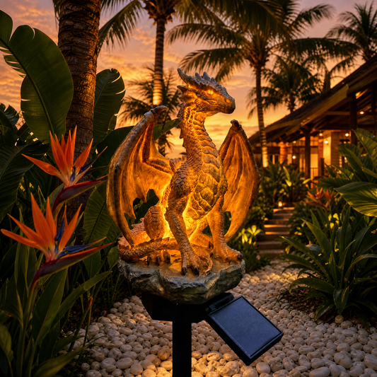🐉Luz de estatua de jardín Solar Dragon – Decoración exterior de fantasía Golden Ember