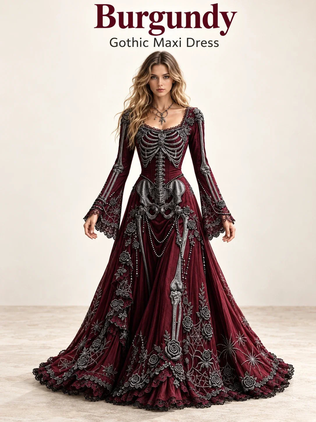Gothic Skeleton Maxi Dress for Halloween | Bell Sleeve 🕸️