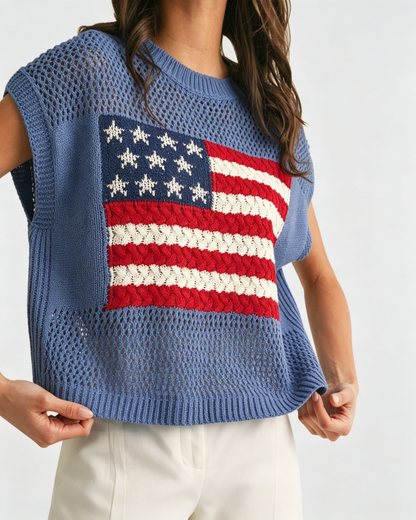 Women's Loose Fit American Flag Short Sleeve Knit Top