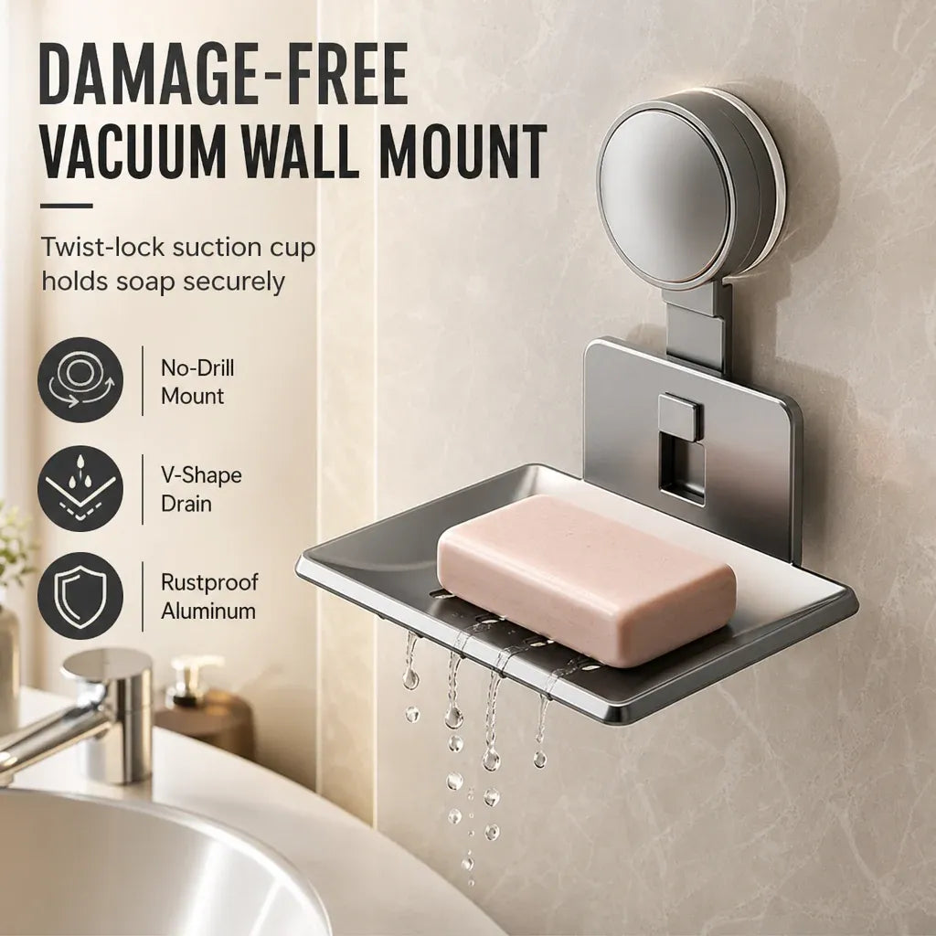 📢📢50% OFF !! ⏰Vacuum Suction Soap Dish: V-Shaped Drainage, Rustproof Aluminum, No Drilling, Twist-Lock🧼