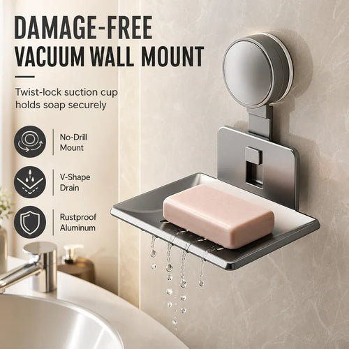 📢📢50% OFF !! ⏰Vacuum Suction Soap Dish: V-Shaped Drainage, Rustproof Aluminum, No Drilling, Twist-Lock🧼