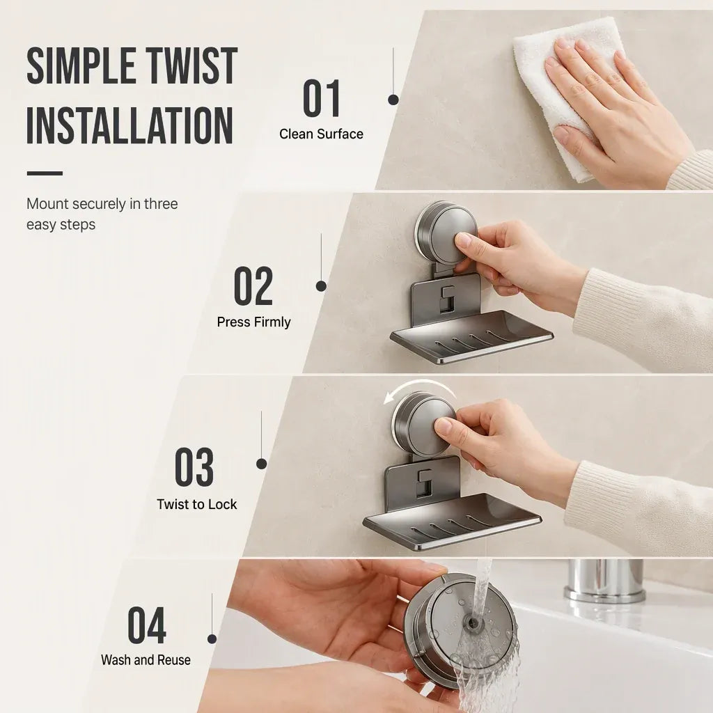 📢📢50% OFF !! ⏰Vacuum Suction Soap Dish: V-Shaped Drainage, Rustproof Aluminum, No Drilling, Twist-Lock🧼