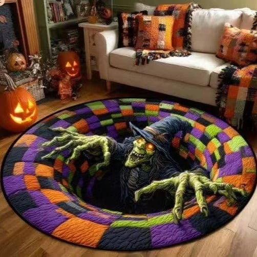 3D visual effects Skeleton Vortex Quilted Round Halloween Rug