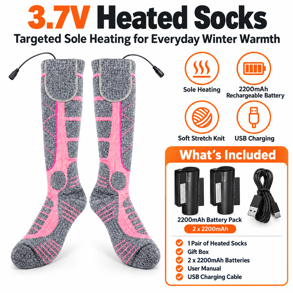 🔥 Rechargeable Heated Socks | 3 Heat Levels with Targeted Sole Warmth & 2 × 2200mAh Batteries ❄️