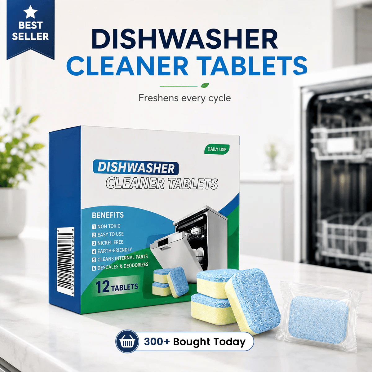 Dishwasher Cleaner Tablets 12-Pack – Descaling & Deodorizing Pods for Limescale, Calcium Buildup & Odor Control