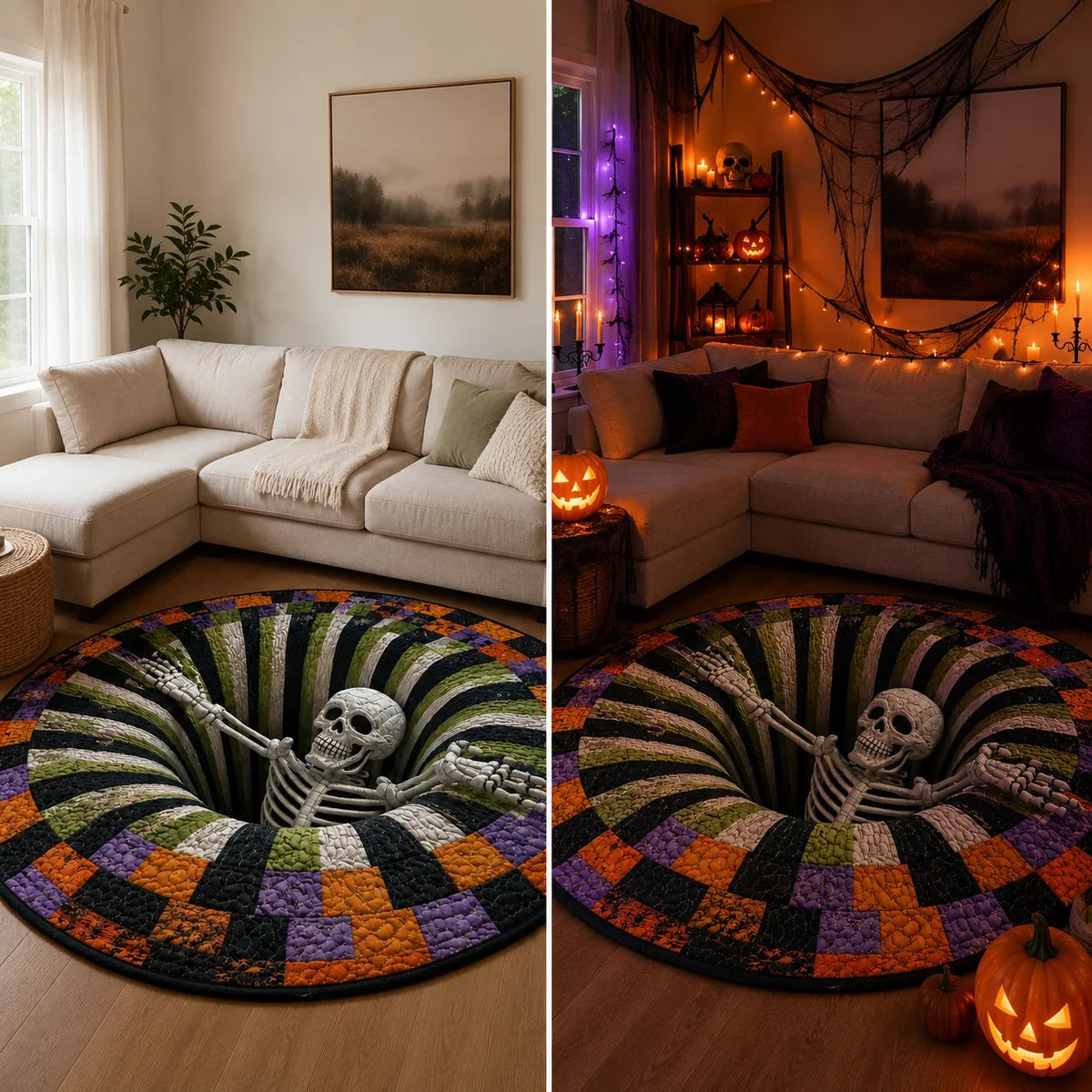 3D visual effects Skeleton Vortex Quilted Round Halloween Rug