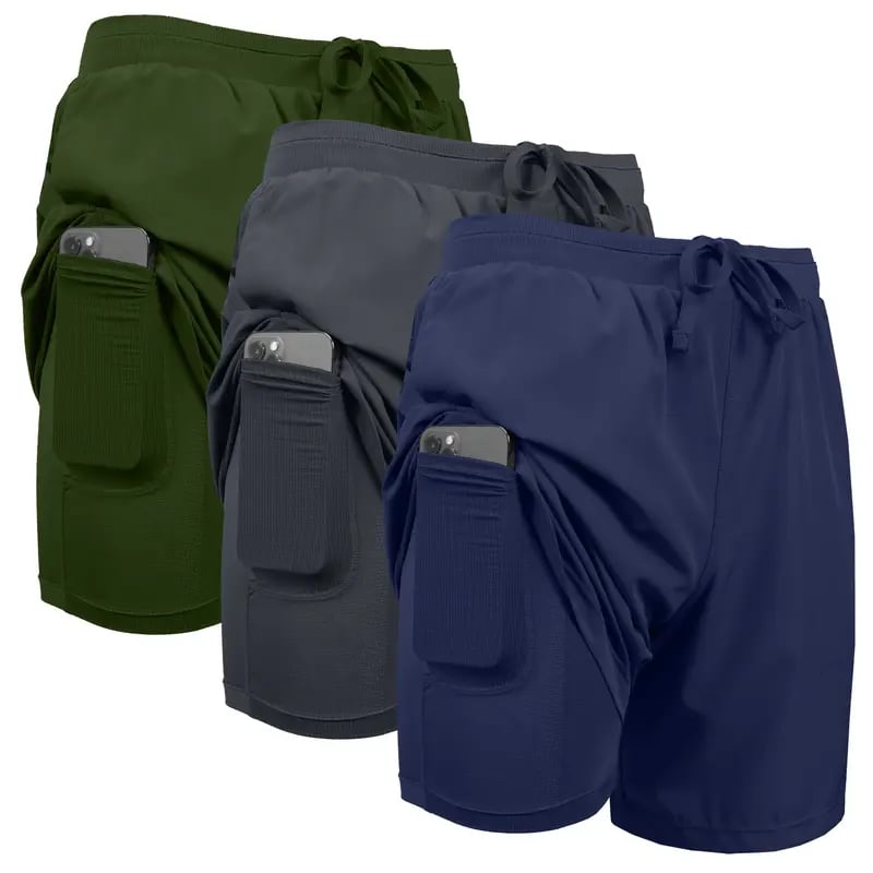 Paquete de 3 shorts deportivos para hombre 2 en 1 de secado rápido, elásticos, con forro interior