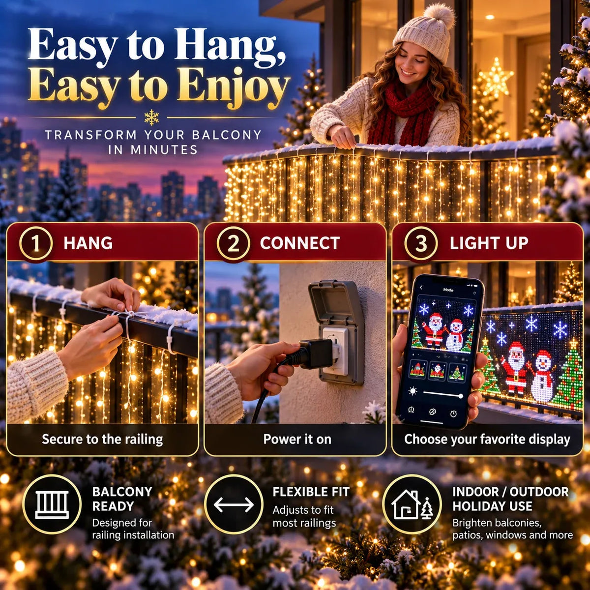 🎄Christmas Early Sale 60% OFF 💡Smart RGB Pixel Curtain Lights – App-Controlled Animated Holiday Display for Balcony & Window Decor