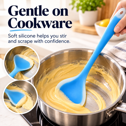 🍳✨ 2-in-1 Silicone Scraper Spoon 🥄💙 Flexible Edge for Easy Scooping, Mixing & Scraping 🧁🍯 Non-Scratch Kitchen Spatula 🍲🌈 5 Colors Available