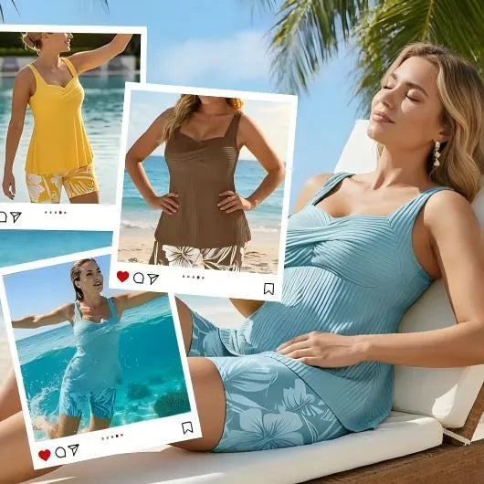 🔥🔥🔥Traje de Baño Tankini de Dos Piezas con Cubierta Corporal y Estampado, Tipo Bóxer