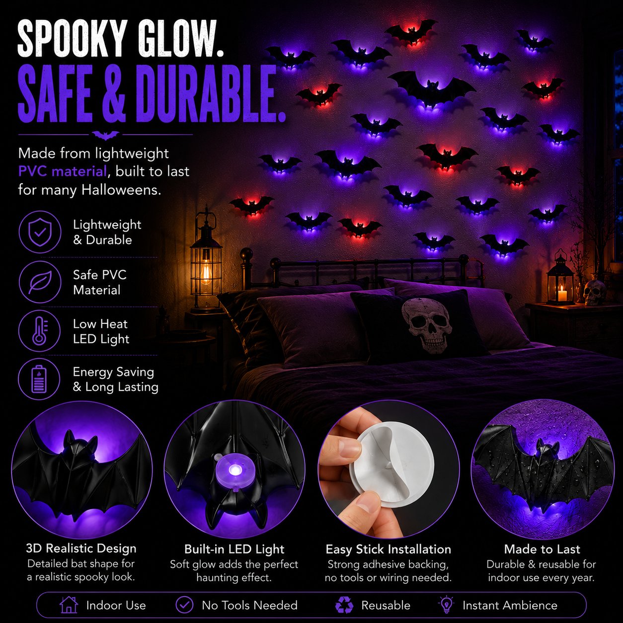3D LED Glowing Bat Wall Decorations – Halloween Flying Bat Swarm Set