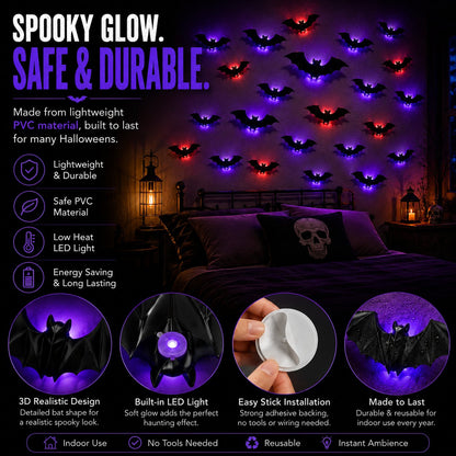 3D LED Glowing Bat Wall Decorations – Halloween Flying Bat Swarm Set