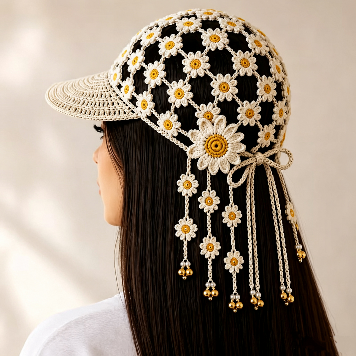 Handmade Crochet Sunflower Tassel Bell Hat | Adjustable Boho Festival Headpiece，Lightweight For Vacation & Photoshoots