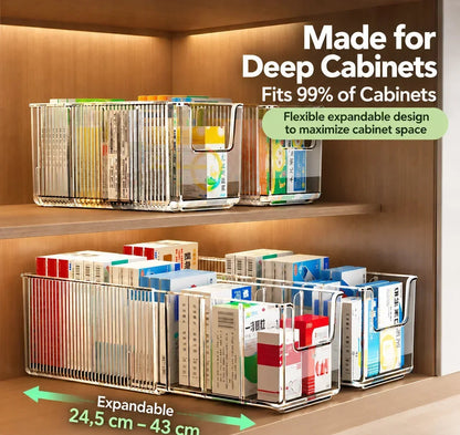 🗄️ 50% OFF! Transparent Extendable Storage Organiser – adjustable 24.5–43cm, clear PET walls let you see every item at a glance. Perfect for medicines, supplements & toiletries – no more rummaging! 🏠✨