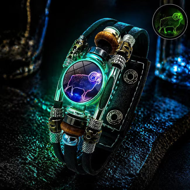 💥Limited-time 50% off ☪️Glow-in-the-dark leather zodiac sign bracelet for men and women (6.9/8.1 inches)♑️