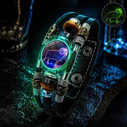💥Limited-time 50% off ☪️Glow-in-the-dark leather zodiac sign bracelet for men and women (6.9/8.1 inches)♑️