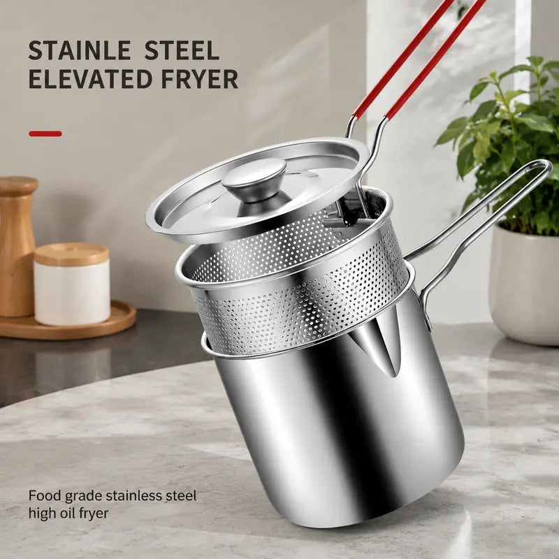 2026🍟 Personal Mini Deep Fryer Set – 304  Stainless Steel Pot with Lift-Out Draining Basket & Food Tongs