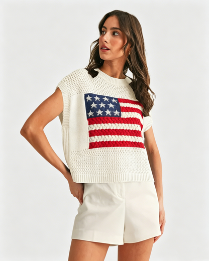 Women's Loose Fit American Flag Short Sleeve Knit Top