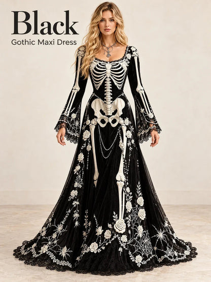 Gothic Skeleton Maxi Dress for Halloween | Bell Sleeve 🕸️