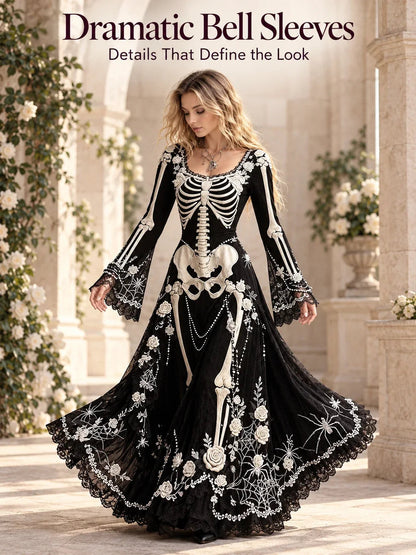 Gothic Skeleton Maxi Dress for Halloween | Bell Sleeve 🕸️