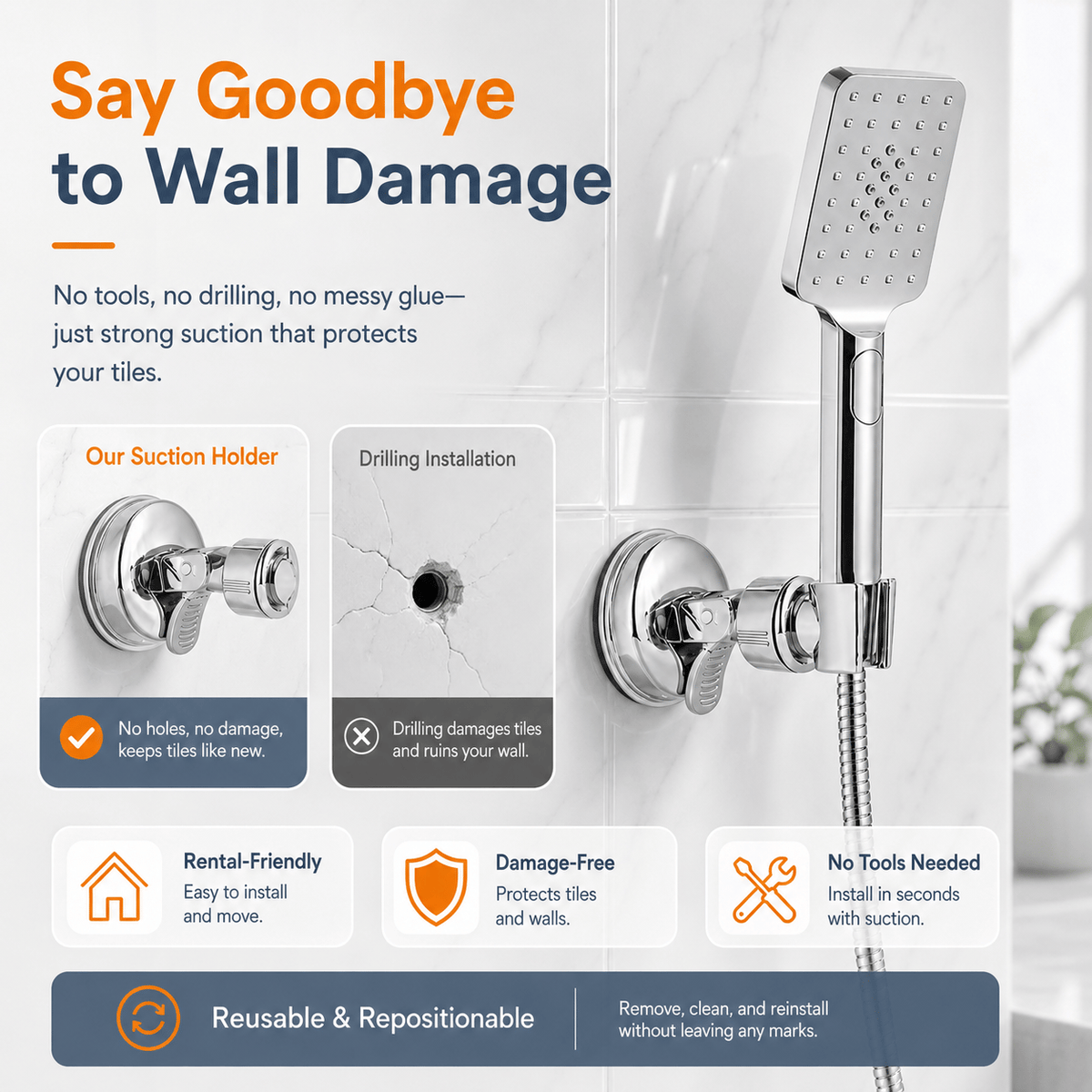 🎁Last Day Promotion 49% OFF🔥No-Drill Suction Cup Stainless Steel Shower Head Holder
