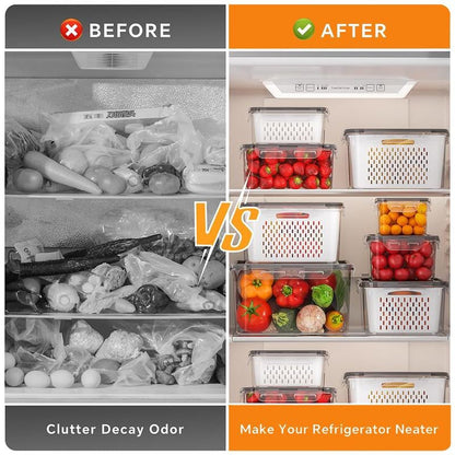 🔥Caja de almacenamiento de alimentos de plástico transparente para el hogar-Incluye cesta de drenaje💧