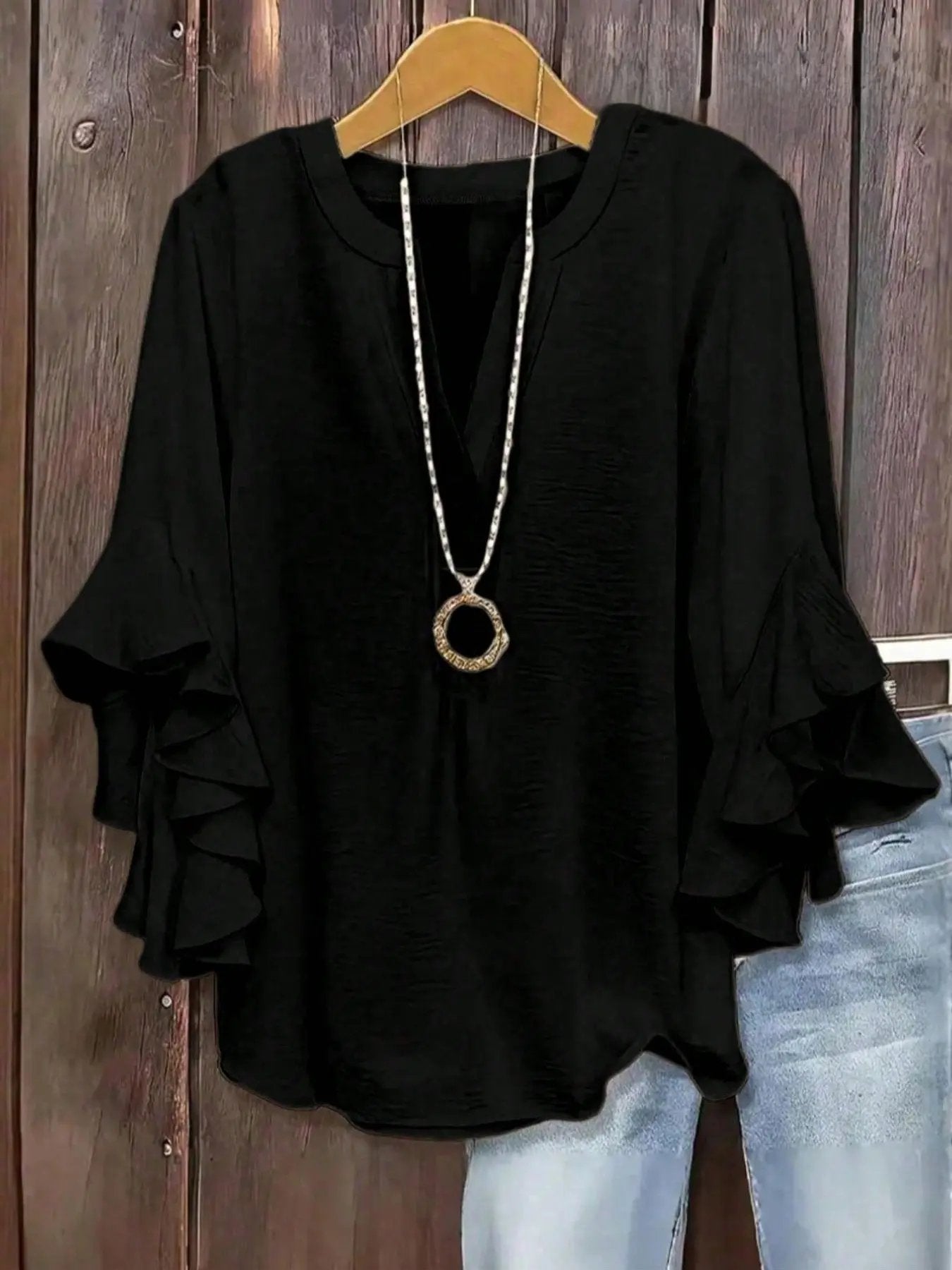 🔥Camisa de manga con volantes y cuello en V para mujer de talla grande, elegante diseño floral, cómoda y con estilo, perfecta para uso casual
