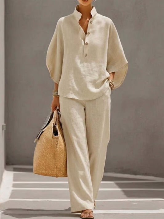 Conjunto de dos piezas de lino y algodón con manga murciélago para mujer – Camisa casual y pantalones de pernera ancha