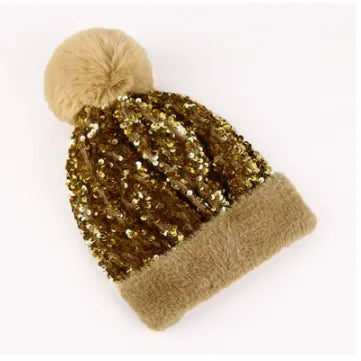 Sequin Fur Pom Beanie