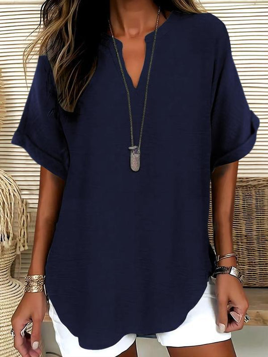 🔥Blusa Lisa de Manga Corta para Mujer, Top Casual de Color Sólido para Uso Diario, Ropa de Mujer para Todas las Estaciones