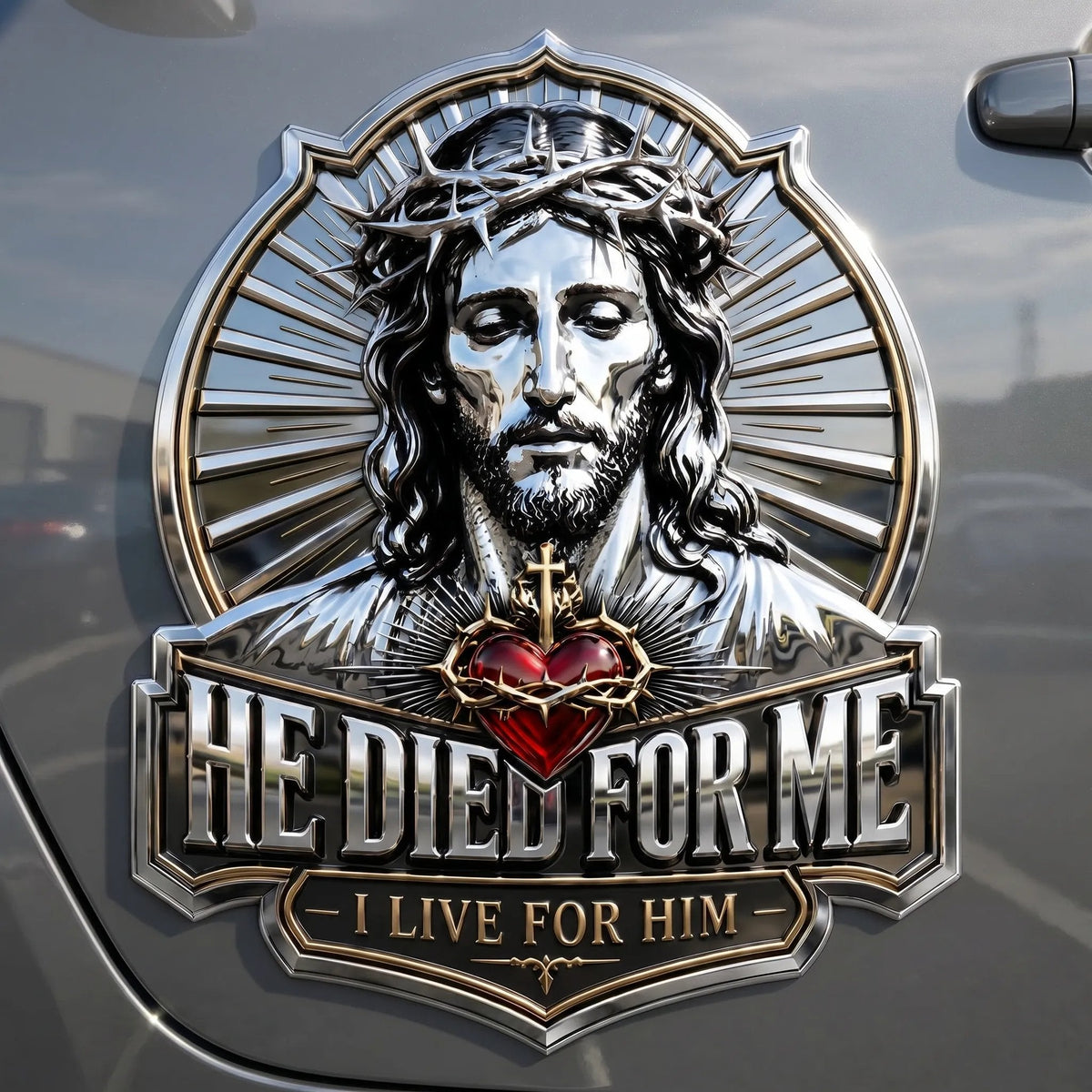 ❤️He Died For Me 3D Metal Emblem ✝️ | Waterproof • No Fade • No Rust • Adhesive & Magnetic (2-in-1) 🧲