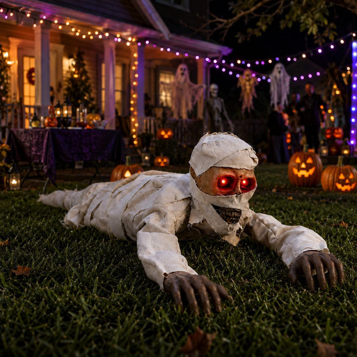 🧟 Animated Crawling Mummy Halloween Prop – Sound-Activated Scare With Red Eyes 🎃