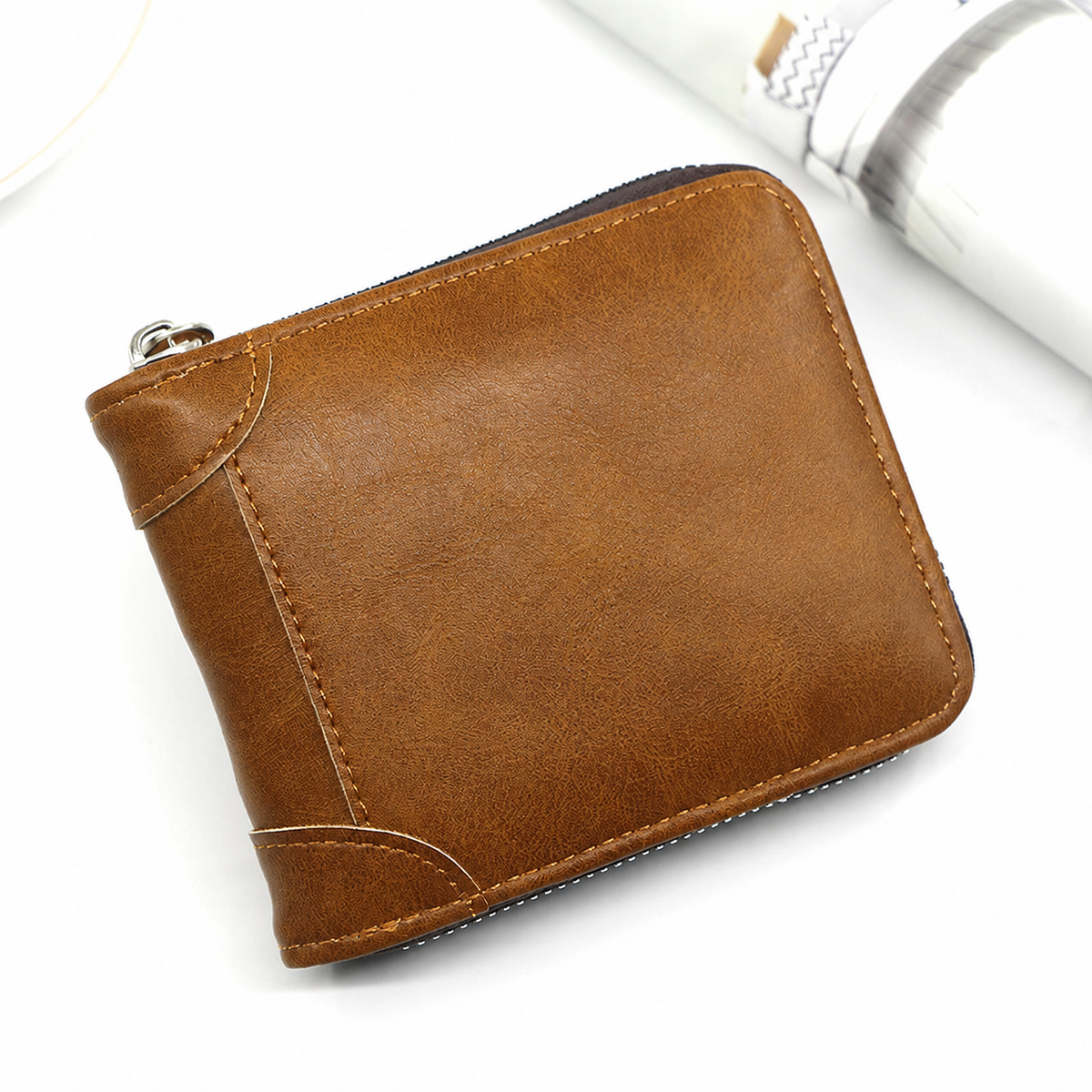 💼 Men Retro PU Leather Zip Wallet, Bifold Card Coin Purse