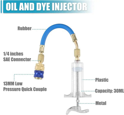 Kit Inyector de 30ml de Aceite y Tinte para AC – Conexión Rápida para Sistemas Automotrices y de HVAC