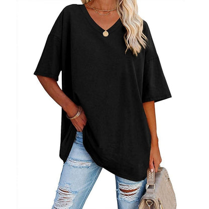 👚 Camisetas de manga corta de algodón de talla grande con cuello en V para mujer, corte holgado informal, tops tipo túnica 💖